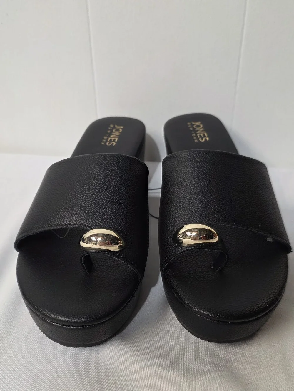 Jones New York Junely Black Platform Slide Sandals with Goldtone Accent Size 8